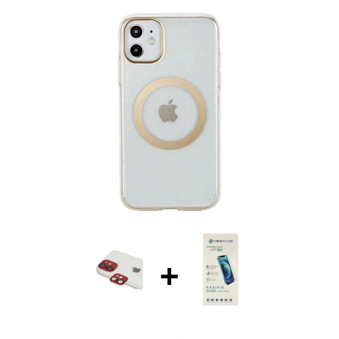 MARSİLYAN™- iPhone 11 Kılıf Pusula Form - Şeffaf Pasifik Cam Ekran Koruyucu + Pers Alüminyum Kamera Lens - KI