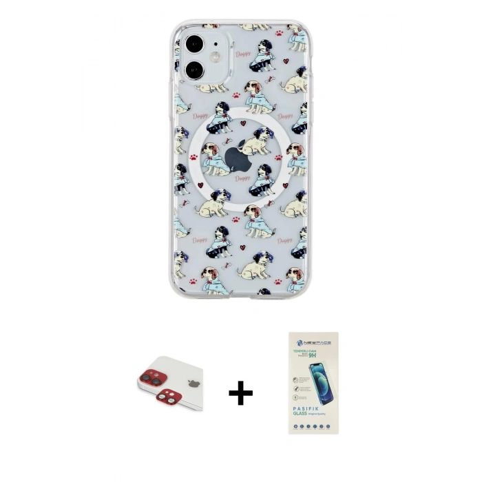 MARSİLYAN™- iPhone 11 Kılıf Pusula Form - Şeffaf Pasifik Cam Ekran Koruyucu + Pers Alüminyum Kamera Lens - KI