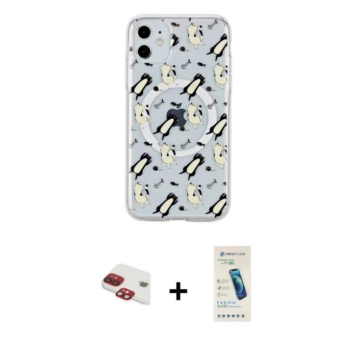 MARSİLYAN™- iPhone 11 Kılıf Pusula Form - Şeffaf Pasifik Cam Ekran Koruyucu + Pers Alüminyum Kamera Lens - KI
