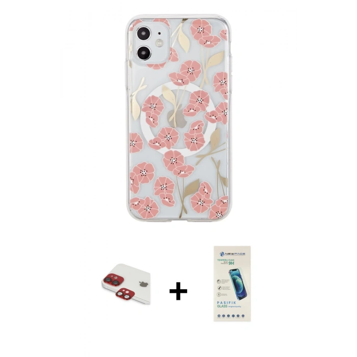 MARSİLYAN™- iPhone 11 Kılıf Pusula Form - Şeffaf Pasifik Cam Ekran Koruyucu + Pers Alüminyum Kamera Lens - KI
