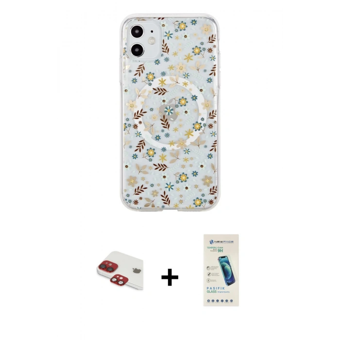 MARSİLYAN™- iPhone 11 Kılıf Pusula Form - Şeffaf Pasifik Cam Ekran Koruyucu + Pers Alüminyum Kamera Lens - KI