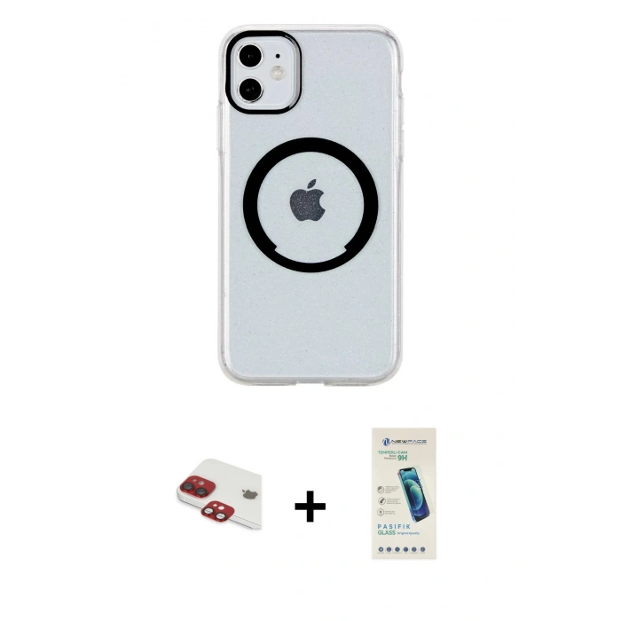 MARSİLYAN™- iPhone 11 Kılıf Pusula Form - Şeffaf Pasifik Cam Ekran Koruyucu + Pers Alüminyum Kamera Lens - KI
