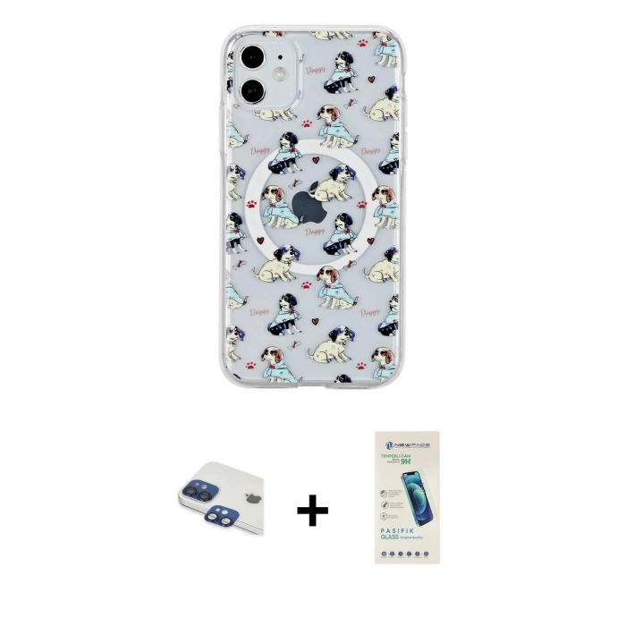 MARSİLYAN™- iPhone 11 Kılıf Pusula Form - Şeffaf Pasifik Cam Ekran Koruyucu + Pers Alüminyum Kamera Lens - LT