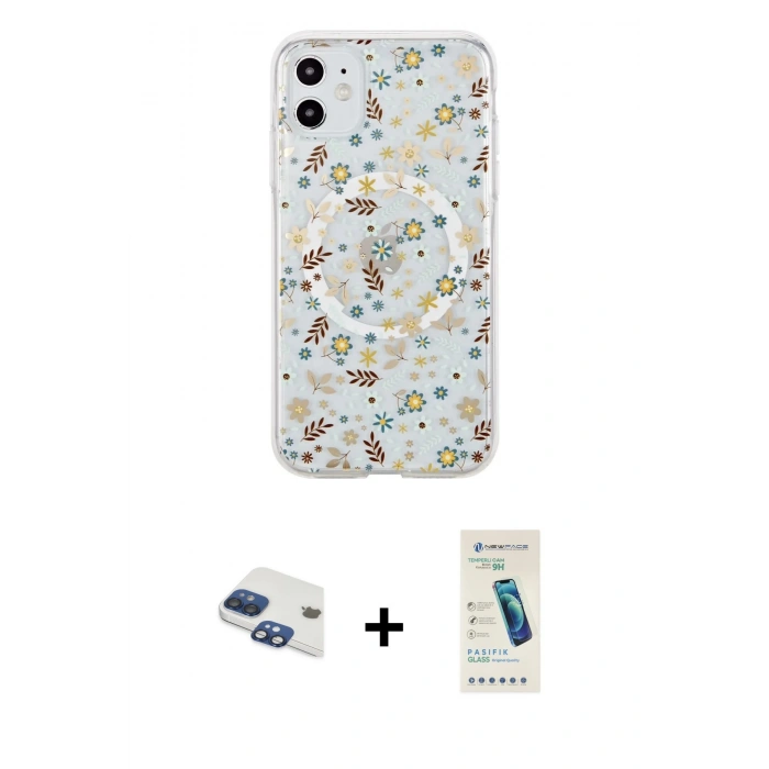 MARSİLYAN™- iPhone 11 Kılıf Pusula Form - Şeffaf Pasifik Cam Ekran Koruyucu + Pers Alüminyum Kamera Lens - LT