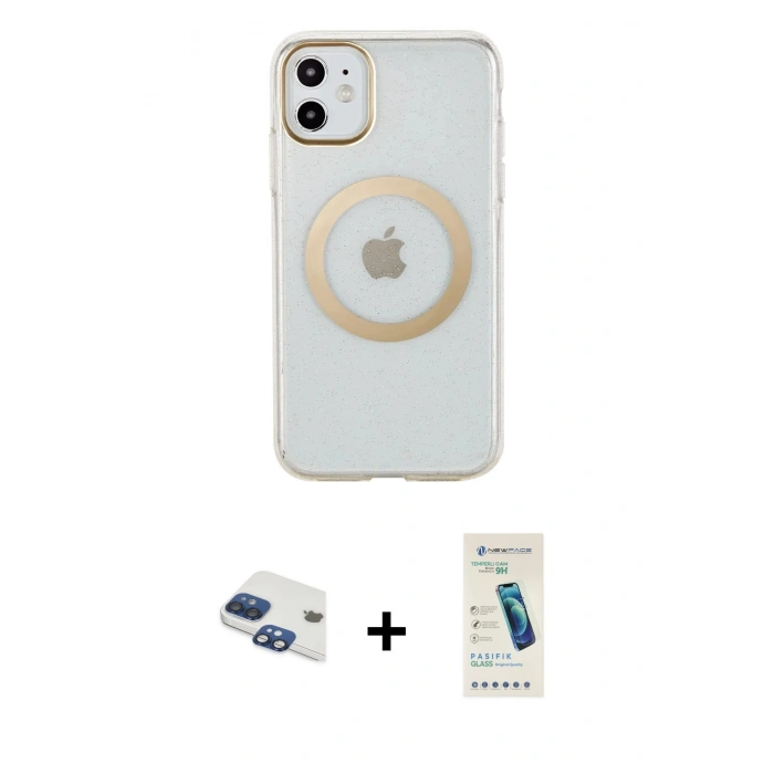 MARSİLYAN™- iPhone 11 Kılıf Pusula Form - Şeffaf Pasifik Cam Ekran Koruyucu + Pers Alüminyum Kamera Lens - LT
