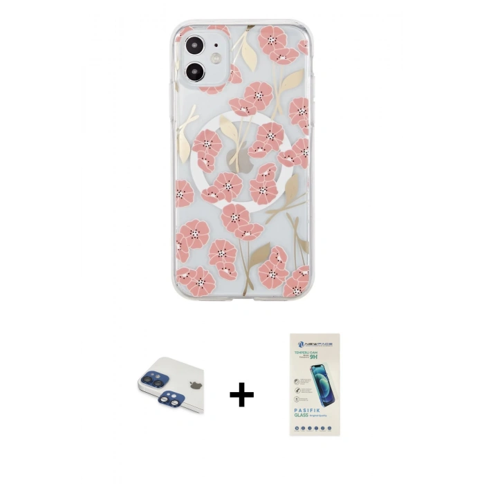 MARSİLYAN™- iPhone 11 Kılıf Pusula Form - Şeffaf Pasifik Cam Ekran Koruyucu + Pers Alüminyum Kamera Lens - LT