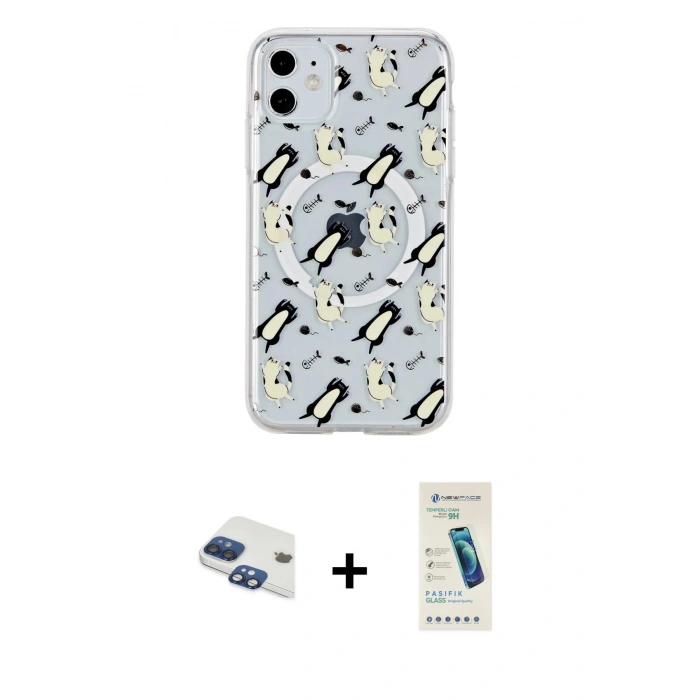 MARSİLYAN™- iPhone 11 Kılıf Pusula Form - Şeffaf Pasifik Cam Ekran Koruyucu + Pers Alüminyum Kamera Lens - LT