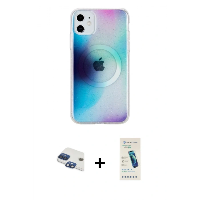 MARSİLYAN™- iPhone 11 Kılıf Pusula Form - Şeffaf Pasifik Cam Ekran Koruyucu + Pers Alüminyum Kamera Lens - LT