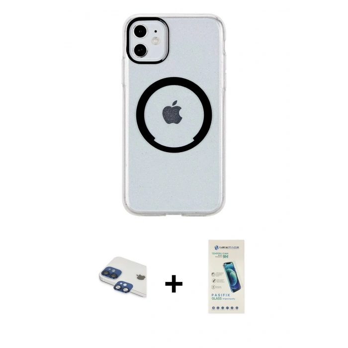 MARSİLYAN™- iPhone 11 Kılıf Pusula Form - Şeffaf Pasifik Cam Ekran Koruyucu + Pers Alüminyum Kamera Lens - LT