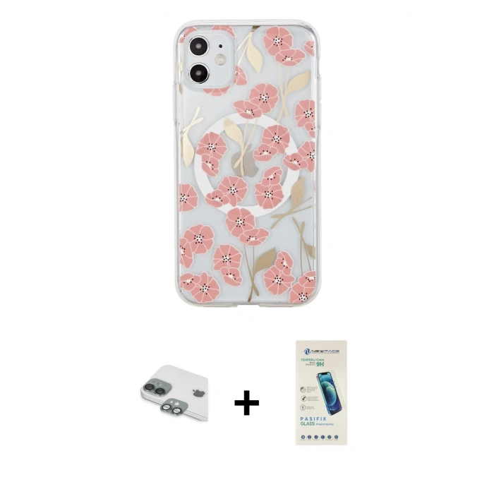 MARSİLYAN™- iPhone 11 Kılıf Pusula Form - Şeffaf Pasifik Cam Ekran Koruyucu + Pers Alüminyum Kamera Lens - YL