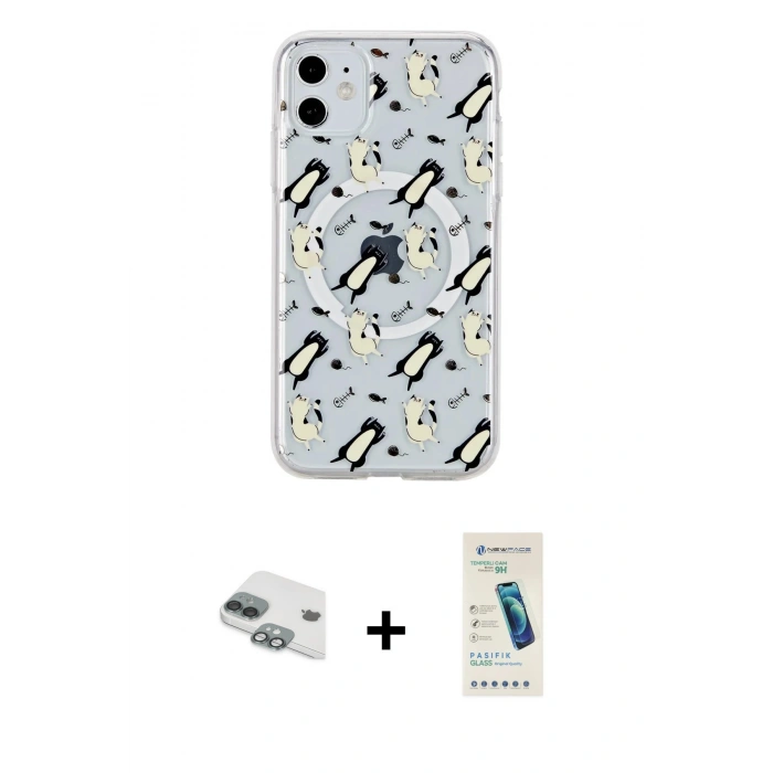 MARSİLYAN™- iPhone 11 Kılıf Pusula Form - Şeffaf Pasifik Cam Ekran Koruyucu + Pers Alüminyum Kamera Lens - YL