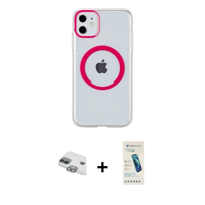 MARSİLYAN™- iPhone 11 Kılıf Pusula Form - Şeffaf Pasifik Cam Ekran Koruyucu + Pers Alüminyum Kamera Lens - YL