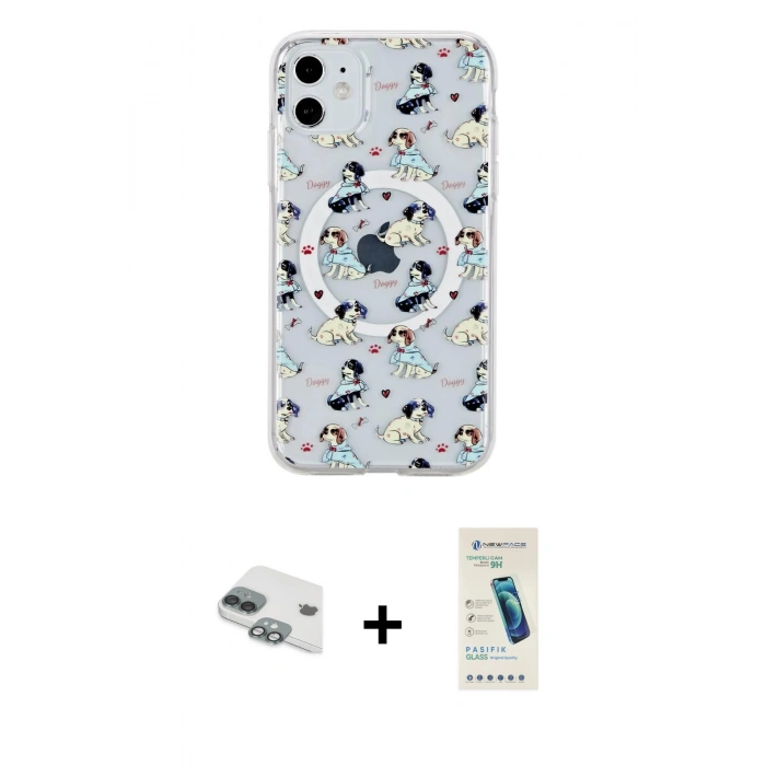 MARSİLYAN™- iPhone 11 Kılıf Pusula Form - Şeffaf Pasifik Cam Ekran Koruyucu + Pers Alüminyum Kamera Lens - YL