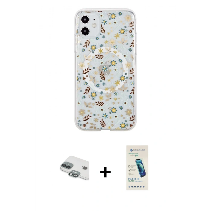 MARSİLYAN™- iPhone 11 Kılıf Pusula Form - Şeffaf Pasifik Cam Ekran Koruyucu + Pers Alüminyum Kamera Lens - YL