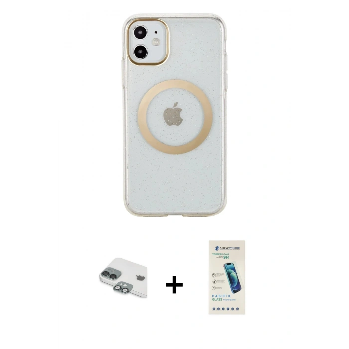 MARSİLYAN™- iPhone 11 Kılıf Pusula Form - Şeffaf Pasifik Cam Ekran Koruyucu + Pers Alüminyum Kamera Lens - YL