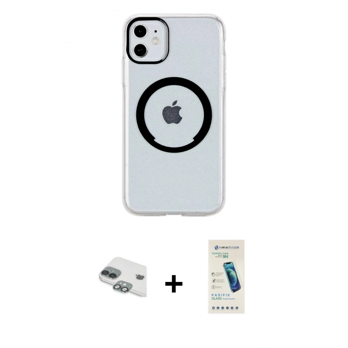 MARSİLYAN™- iPhone 11 Kılıf Pusula Form - Şeffaf Pasifik Cam Ekran Koruyucu + Pers Alüminyum Kamera Lens - YL