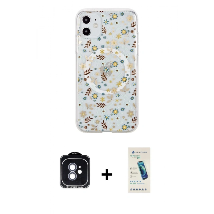MARSİLYAN™- iPhone 11 Kılıf Pusula Form - Şeffaf Pasifik Cam Ekran Koruyucu + PVD Metal Kamera Lens - MI