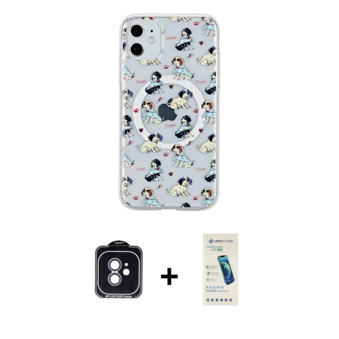 MARSİLYAN™- iPhone 11 Kılıf Pusula Form - Şeffaf Pasifik Cam Ekran Koruyucu + PVD Metal Kamera Lens - MI