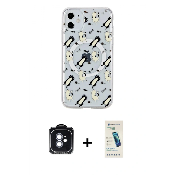 MARSİLYAN™- iPhone 11 Kılıf Pusula Form - Şeffaf Pasifik Cam Ekran Koruyucu + PVD Metal Kamera Lens - MI