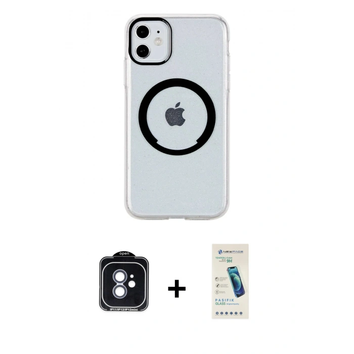 MARSİLYAN™- iPhone 11 Kılıf Pusula Form - Şeffaf Pasifik Cam Ekran Koruyucu + PVD Metal Kamera Lens - MI