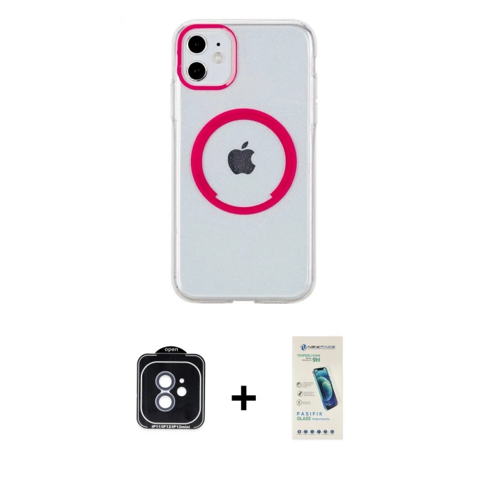 MARSİLYAN™- iPhone 11 Kılıf Pusula Form - Şeffaf Pasifik Cam Ekran Koruyucu + PVD Metal Kamera Lens - MI