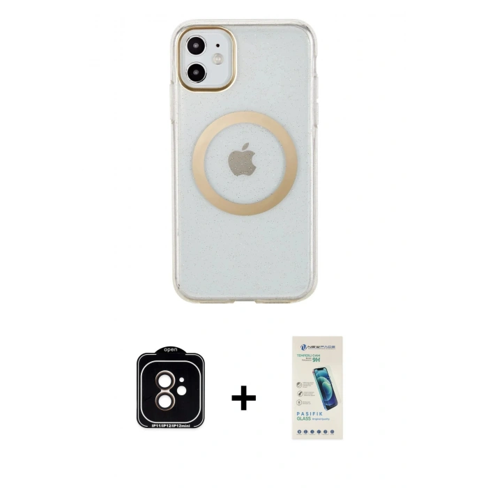 MARSİLYAN™- iPhone 11 Kılıf Pusula Form - Şeffaf Pasifik Cam Ekran Koruyucu + PVD Metal Kamera Lens - TU
