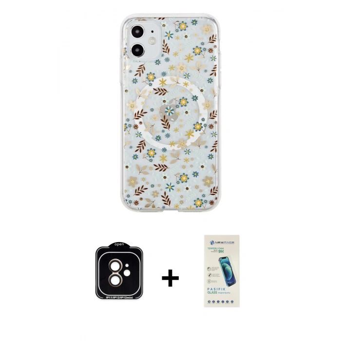 MARSİLYAN™- iPhone 11 Kılıf Pusula Form - Şeffaf Pasifik Cam Ekran Koruyucu + PVD Metal Kamera Lens - TU