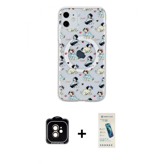 MARSİLYAN™- iPhone 11 Kılıf Pusula Form - Şeffaf Pasifik Cam Ekran Koruyucu + PVD Metal Kamera Lens - TU