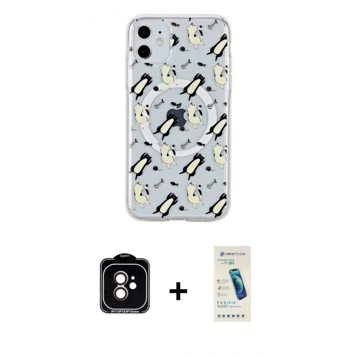 MARSİLYAN™- iPhone 11 Kılıf Pusula Form - Şeffaf Pasifik Cam Ekran Koruyucu + PVD Metal Kamera Lens - TU