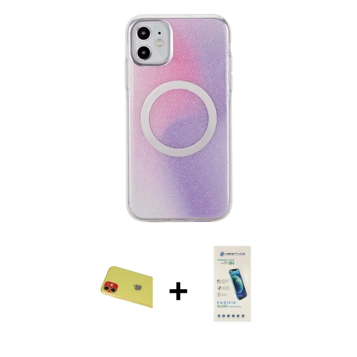 MARSİLYAN™- iPhone 11 Kılıf Pusula Form - Şeffaf Pasifik Cam Ekran Koruyucu + Rainbow Kamera Lens Koruma Cam - KI
