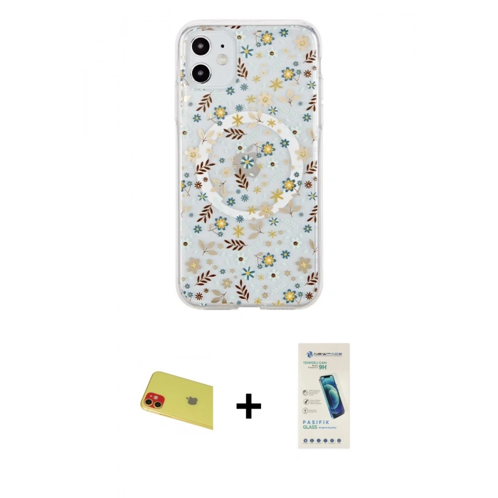 MARSİLYAN™- iPhone 11 Kılıf Pusula Form - Şeffaf Pasifik Cam Ekran Koruyucu + Rainbow Kamera Lens Koruma Cam - KI