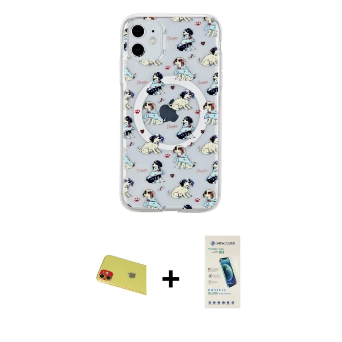 MARSİLYAN™- iPhone 11 Kılıf Pusula Form - Şeffaf Pasifik Cam Ekran Koruyucu + Rainbow Kamera Lens Koruma Cam - KI