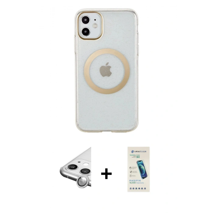 MARSİLYAN™- iPhone 11 Kılıf Pusula Form - Şeffaf Pasifik Cam Ekran Koruyucu + Raze Metal Kamera Lens - GS