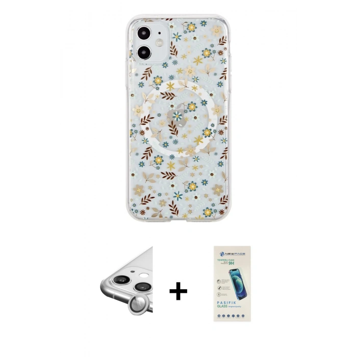 MARSİLYAN™- iPhone 11 Kılıf Pusula Form - Şeffaf Pasifik Cam Ekran Koruyucu + Raze Metal Kamera Lens - GS