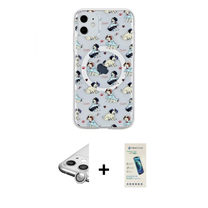 MARSİLYAN™- iPhone 11 Kılıf Pusula Form - Şeffaf Pasifik Cam Ekran Koruyucu + Raze Metal Kamera Lens - GS