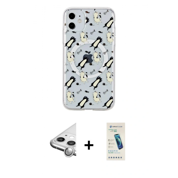 MARSİLYAN™- iPhone 11 Kılıf Pusula Form - Şeffaf Pasifik Cam Ekran Koruyucu + Raze Metal Kamera Lens - GS