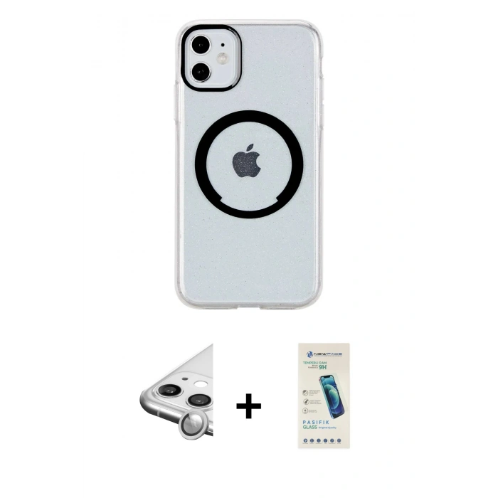 MARSİLYAN™- iPhone 11 Kılıf Pusula Form - Şeffaf Pasifik Cam Ekran Koruyucu + Raze Metal Kamera Lens - GS