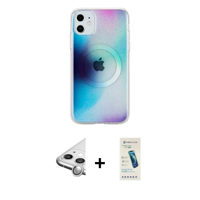 MARSİLYAN™- iPhone 11 Kılıf Pusula Form - Şeffaf Pasifik Cam Ekran Koruyucu + Raze Metal Kamera Lens - GS