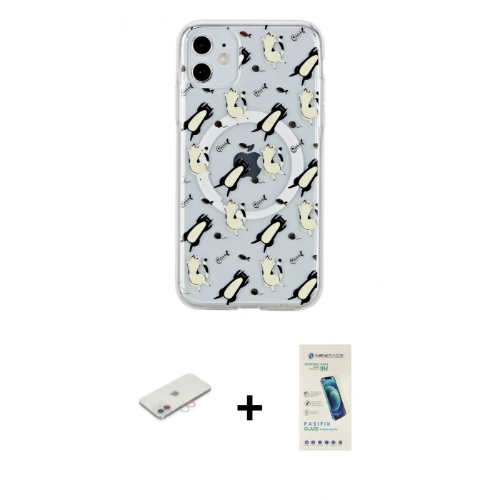 MARSİLYAN™- iPhone 11 Kılıf Pusula Form - Şeffaf Pasifik Cam Ekran Koruyucu + Renkli Kamera Lens Koruma Cam - PE