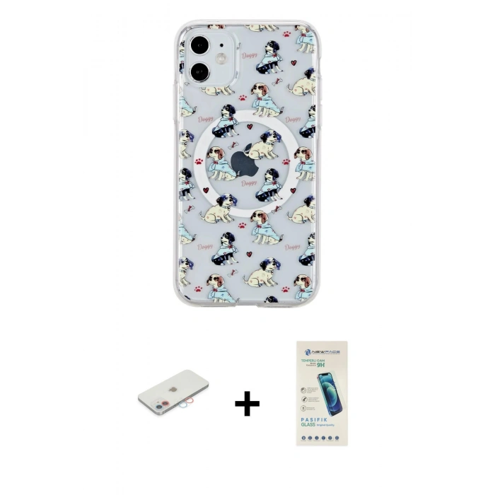 MARSİLYAN™- iPhone 11 Kılıf Pusula Form - Şeffaf Pasifik Cam Ekran Koruyucu + Renkli Kamera Lens Koruma Cam - PE