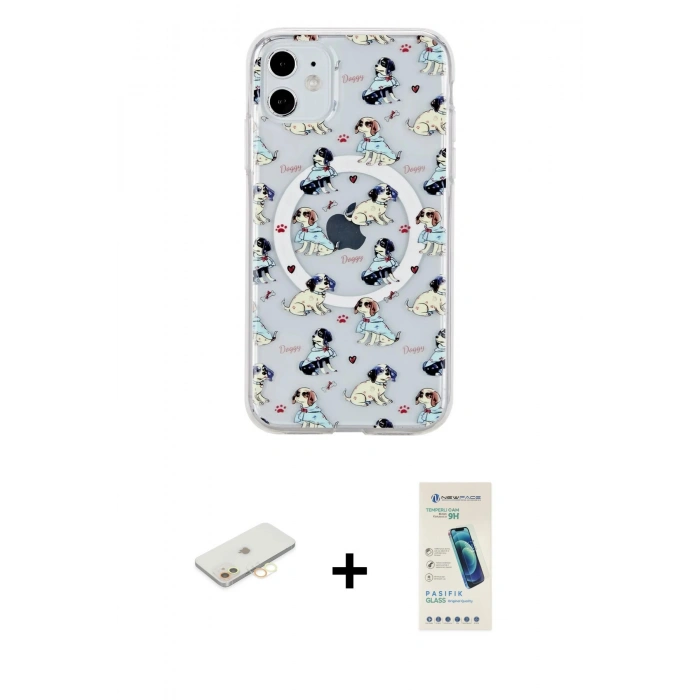 MARSİLYAN™- iPhone 11 Kılıf Pusula Form - Şeffaf Pasifik Cam Ekran Koruyucu + Renkli Kamera Lens Koruma Cam - SI