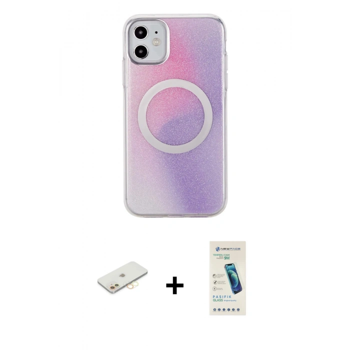MARSİLYAN™- iPhone 11 Kılıf Pusula Form - Şeffaf Pasifik Cam Ekran Koruyucu + Renkli Kamera Lens Koruma Cam - SI