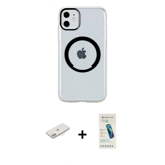 MARSİLYAN™- iPhone 11 Kılıf Pusula Form - Şeffaf Pasifik Cam Ekran Koruyucu + Renkli Kamera Lens Koruma Cam - PE
