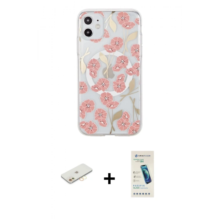 MARSİLYAN™- iPhone 11 Kılıf Pusula Form - Şeffaf Pasifik Cam Ekran Koruyucu + Renkli Kamera Lens Koruma Cam - SI