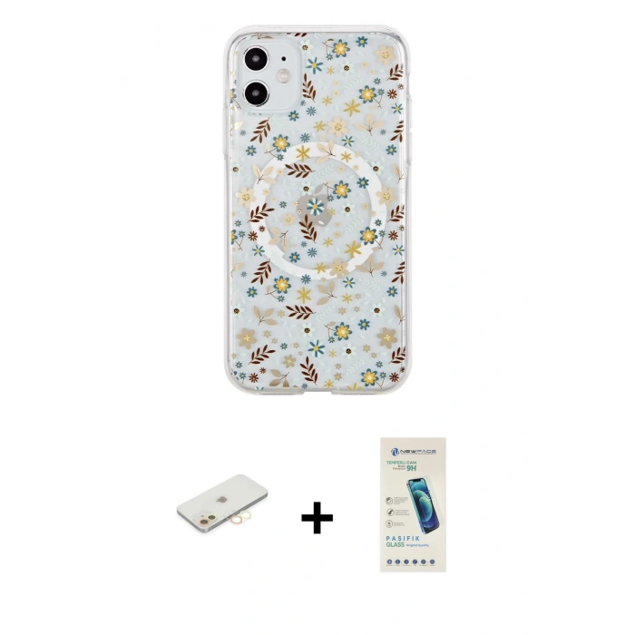 MARSİLYAN™- iPhone 11 Kılıf Pusula Form - Şeffaf Pasifik Cam Ekran Koruyucu + Renkli Kamera Lens Koruma Cam - SI