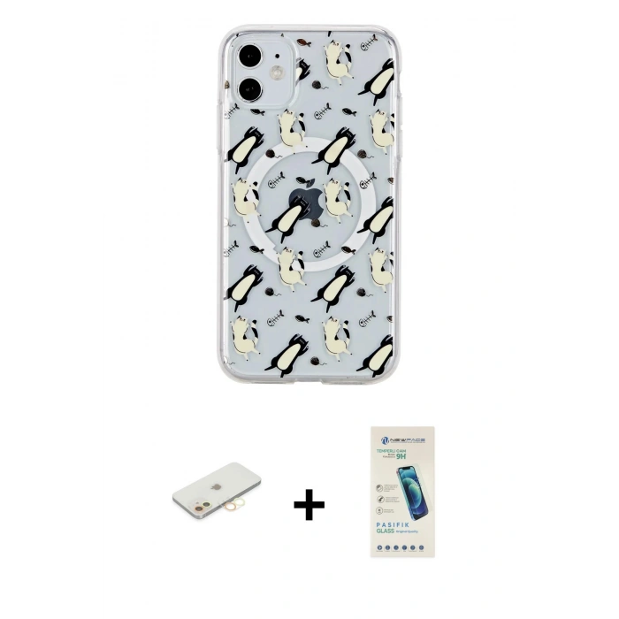 MARSİLYAN™- iPhone 11 Kılıf Pusula Form - Şeffaf Pasifik Cam Ekran Koruyucu + Renkli Kamera Lens Koruma Cam - SI