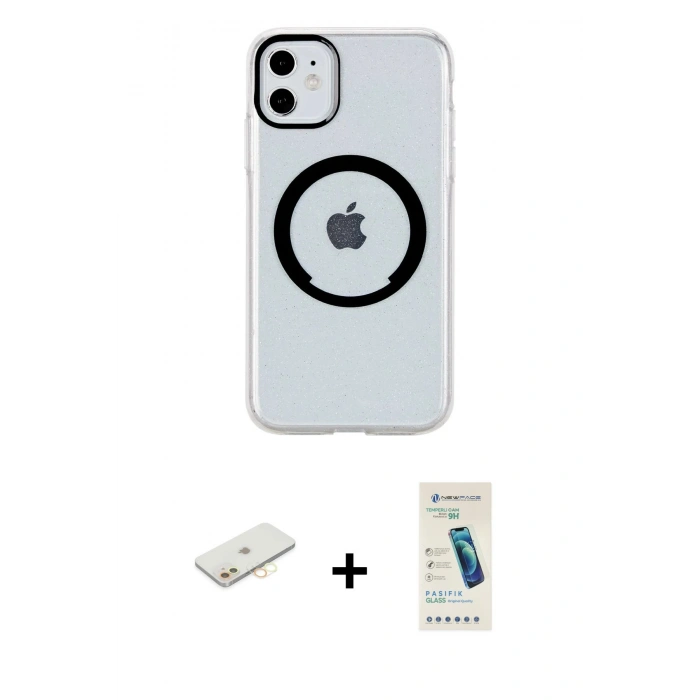 MARSİLYAN™- iPhone 11 Kılıf Pusula Form - Şeffaf Pasifik Cam Ekran Koruyucu + Renkli Kamera Lens Koruma Cam - SI