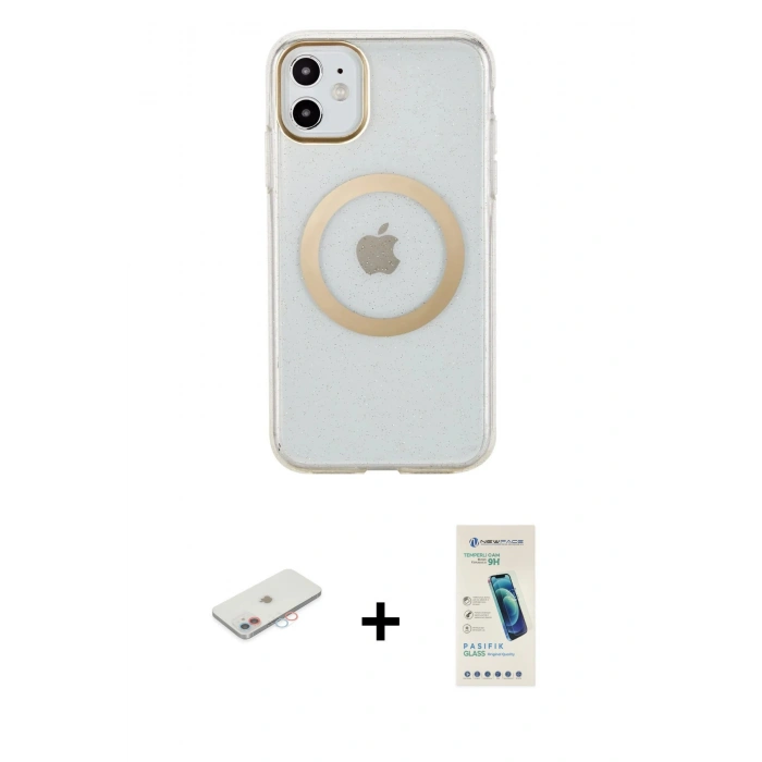 MARSİLYAN™- iPhone 11 Kılıf Pusula Form - Şeffaf Pasifik Cam Ekran Koruyucu + Renkli Kamera Lens Koruma Cam - PE