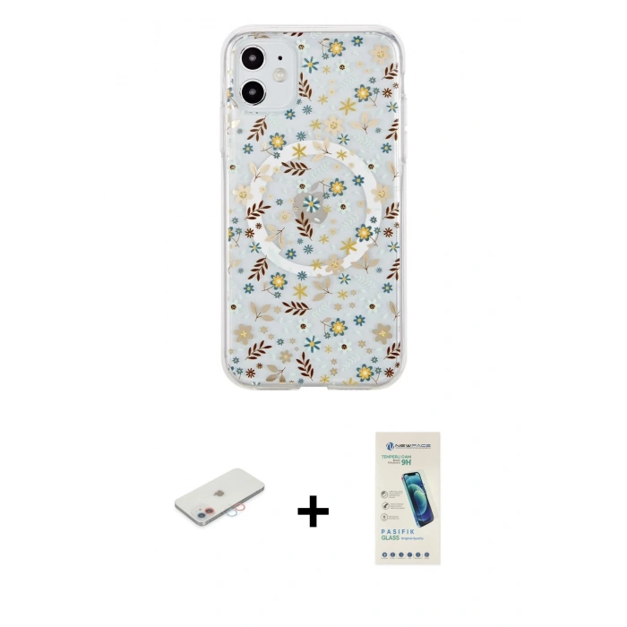 MARSİLYAN™- iPhone 11 Kılıf Pusula Form - Şeffaf Pasifik Cam Ekran Koruyucu + Renkli Kamera Lens Koruma Cam - PE