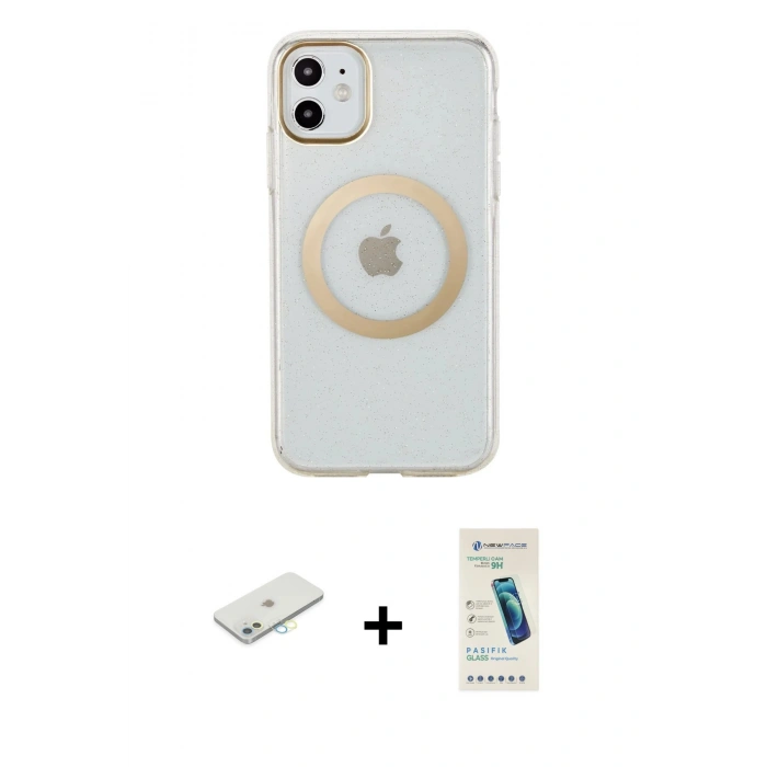 MARSİLYAN™- iPhone 11 Kılıf Pusula Form - Şeffaf Pasifik Cam Ekran Koruyucu + Renkli Kamera Lens Koruma Cam - SI